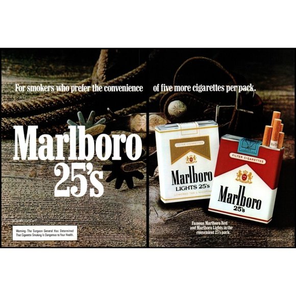 marlboro cigarettes old packaging Marlboro | Art | 985 Marlboro 25s Cigarettes 2 Page Vintage Print Ad Cowboy  Spurs Rope Wall Art